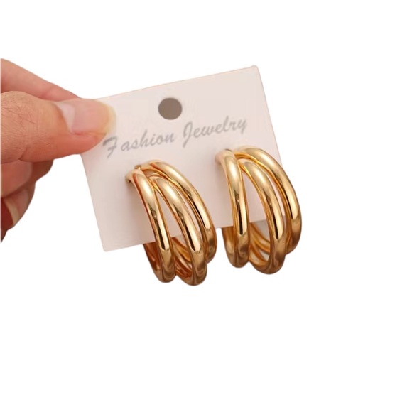 Geometric C Shaped Gold Hoop Earrings - Picture 2 of 5